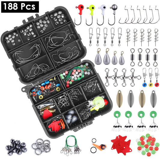 188pcs Fishing Accessory Kit - Portable Set with Hooks, Weights, Lures