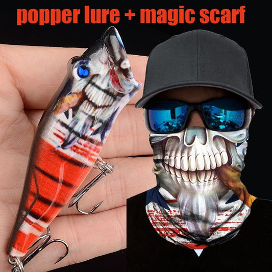 Skull Popper Fishing Lure + Mask Magic Scarf Headband Balaclava Combo