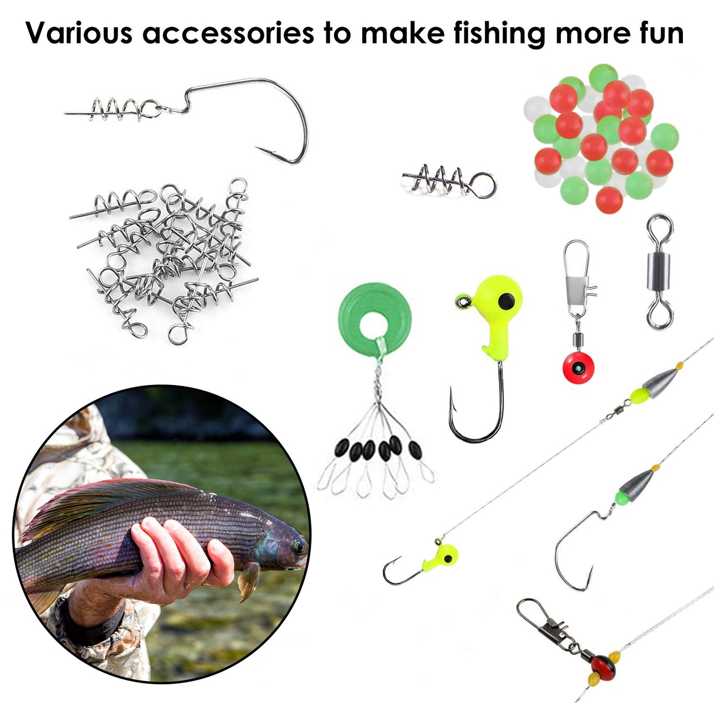 188pcs Fishing Accessory Kit - Portable Set with Hooks, Weights, Lures